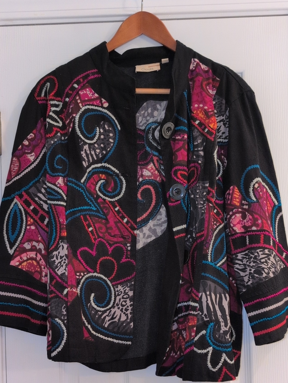 Choices Black Jacket with Pink and Teal Embroidered Design